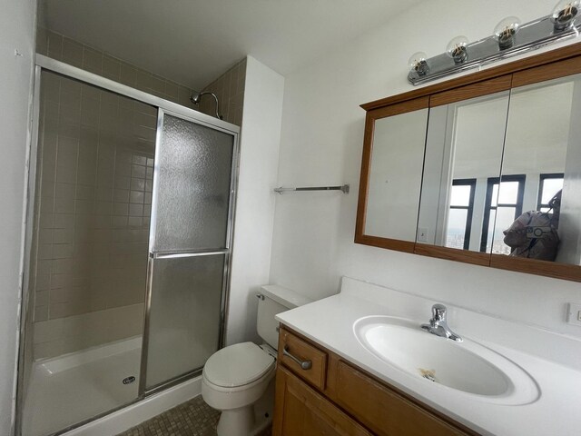 6700 S S Shore Dr Unit 21B, Chicago, IL 60649 - full bathroom featuring toilet, a shower stall, vanity, and tile patterned flooring