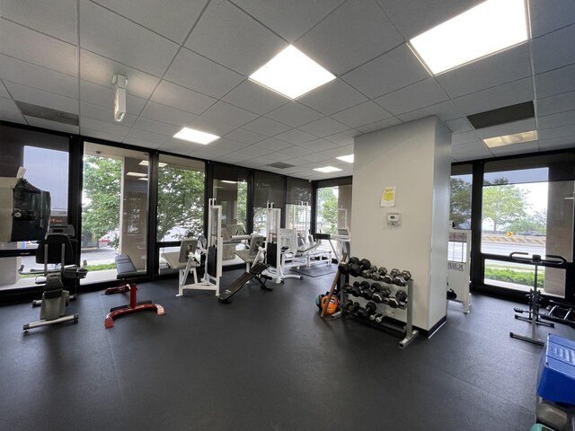 6700 S S Shore Dr Unit 21B, Chicago, IL 60649 - workout area featuring healthy amount of natural light, a wall of windows, and a drop ceiling