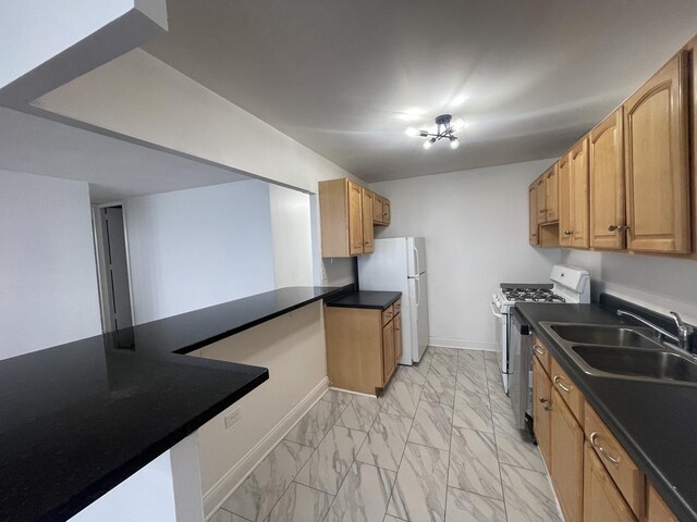 6700 S S Shore Dr Unit 21B, Chicago, IL 60649 - kitchen with white appliances, light marble finish flooring, a sink, baseboards, and dark countertops