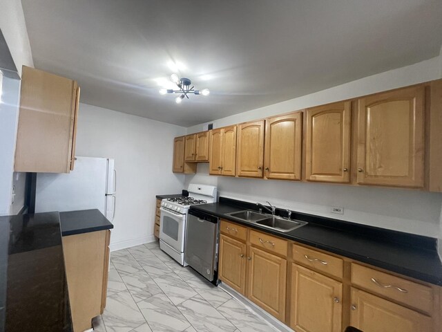 6700 S S Shore Dr Unit 21B, Chicago, IL 60649 - kitchen featuring a sink, white appliances, light marble finish floors, and dark countertops