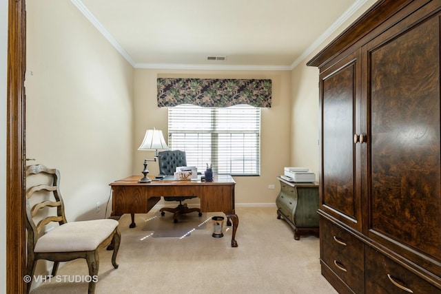 2835 Cascade Falls Cir, Elgin, IL 60124 - office area featuring light carpet, crown molding, and baseboards