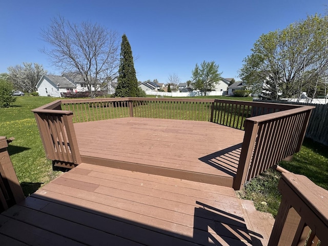 wooden deck featuring a fenced backyard, a yard, and a residential view