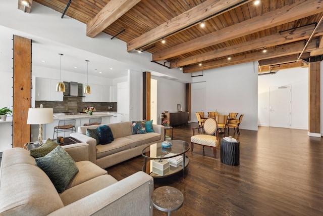living area featuring wood ceiling, dark wood-style flooring, rail lighting, and beam ceiling