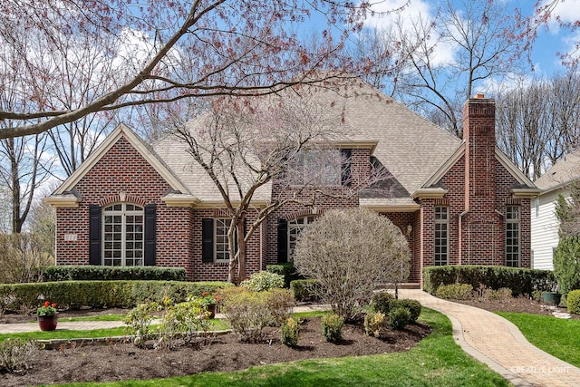 view of front of home with brick siding, a chimney, and roof with shingles