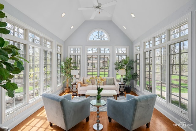 sunroom featuring high vaulted ceiling, french doors, and recessed lighting