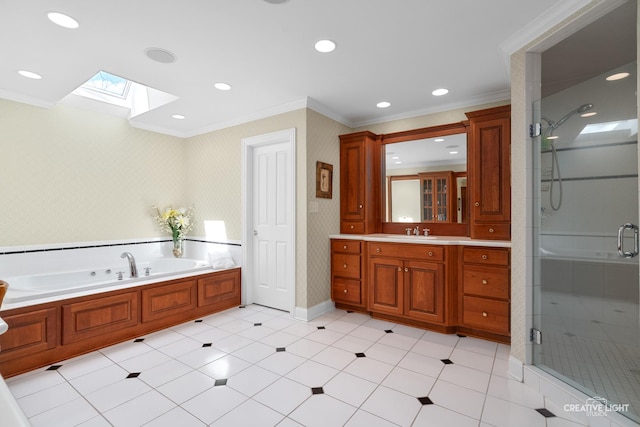 full bath featuring crown molding, vanity, a skylight, a bath, and a stall shower