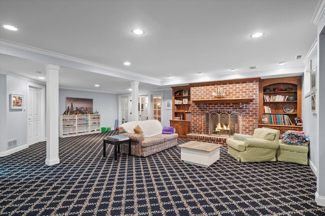 living area featuring ornamental molding, decorative columns, carpet flooring, and visible vents