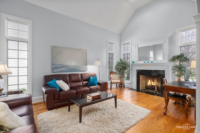 living area with high vaulted ceiling, a fireplace with flush hearth, and wood finished floors