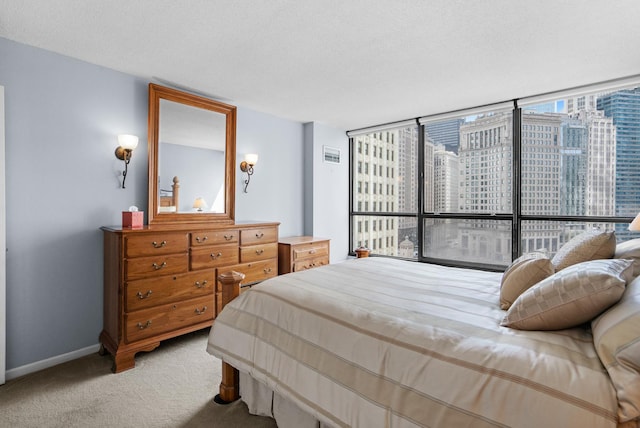 carpeted bedroom with baseboards and a view of city