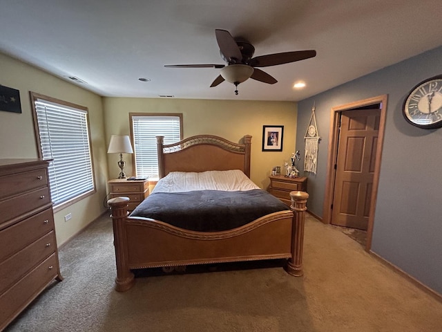 carpeted bedroom featuring visible vents, recessed lighting, baseboards, and ceiling fan