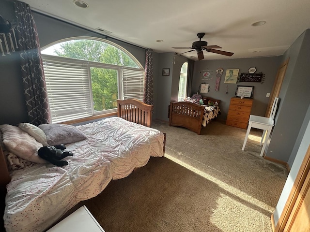 bedroom featuring recessed lighting, carpet, and ceiling fan