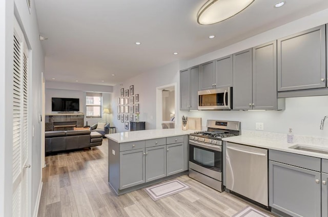 1111 S State St Unit A500, Chicago, IL 60605 - kitchen featuring a peninsula, light countertops, gray cabinets, a sink, and appliances with stainless steel finishes