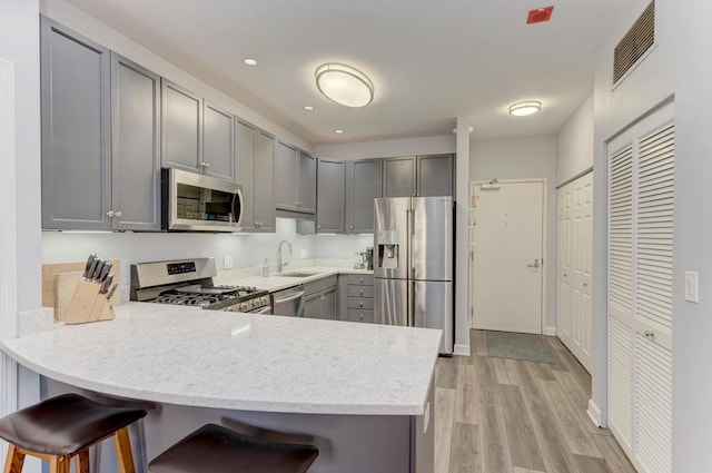 1111 S State St Unit A500, Chicago, IL 60605 - kitchen featuring a peninsula, a sink, light wood-style flooring, appliances with stainless steel finishes, and gray cabinetry