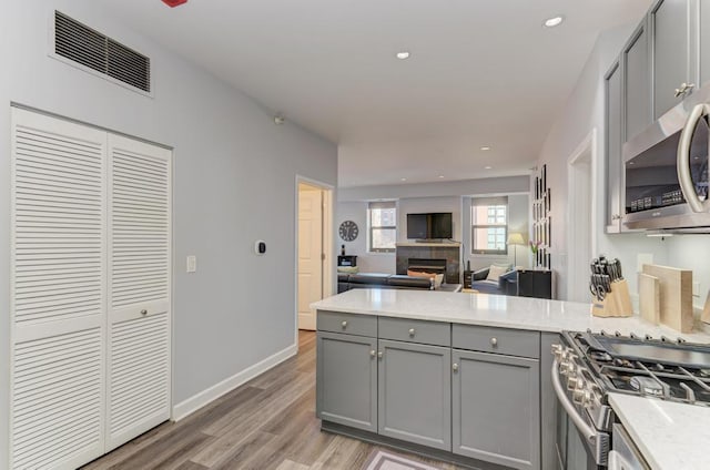 1111 S State St Unit A500, Chicago, IL 60605 - kitchen with gray cabinets, visible vents, a fireplace, a peninsula, and stainless steel appliances