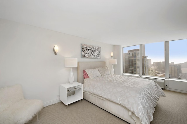 bedroom featuring baseboards, a view of city, and light carpet