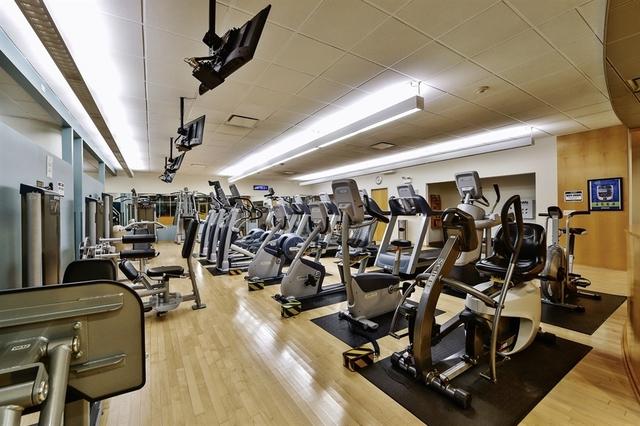 gym featuring a drop ceiling and wood finished floors