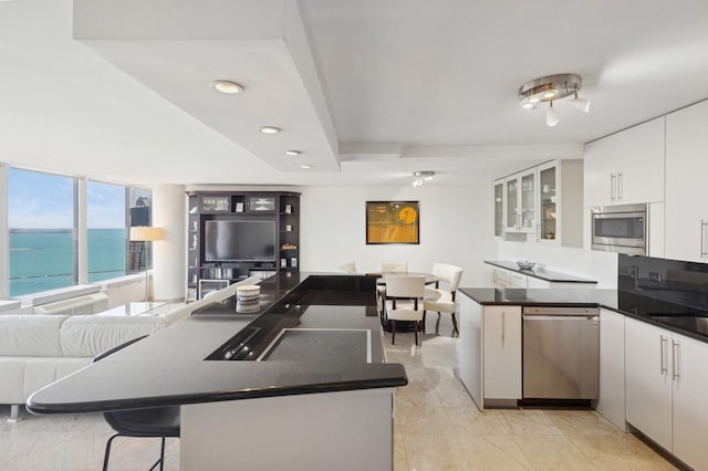 505 N Lake Shore Dr Unit 4412, Chicago, IL 60611 - kitchen with appliances with stainless steel finishes, open floor plan, dark countertops, white cabinets, and a kitchen breakfast bar