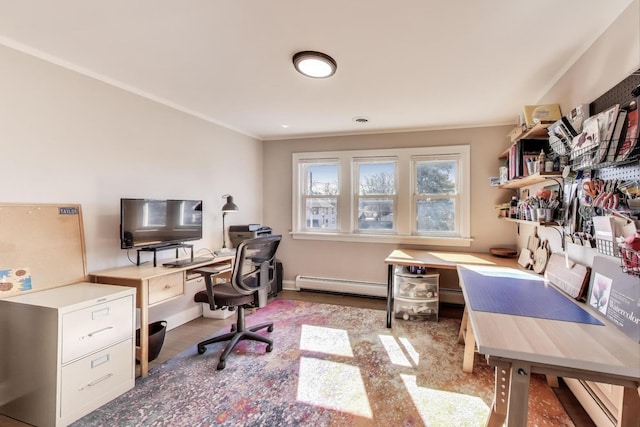 360 W Maple St, Lombard, IL 60148 - home office with a baseboard radiator, wood finished floors, and ornamental molding