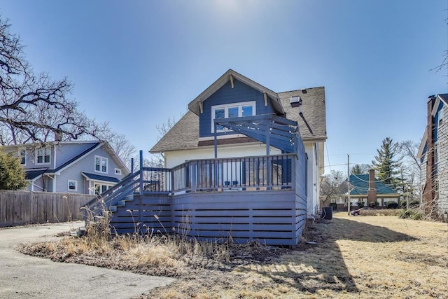 360 W Maple St, Lombard, IL 60148 - back of property with stairs, a shingled roof, fence, and a wooden deck
