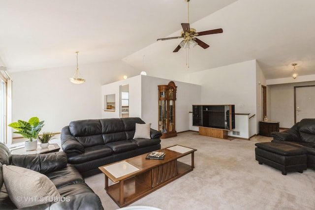 7 N Brittany Ln, Hainesville, IL 60030 - living room with vaulted ceiling, light carpet, and ceiling fan