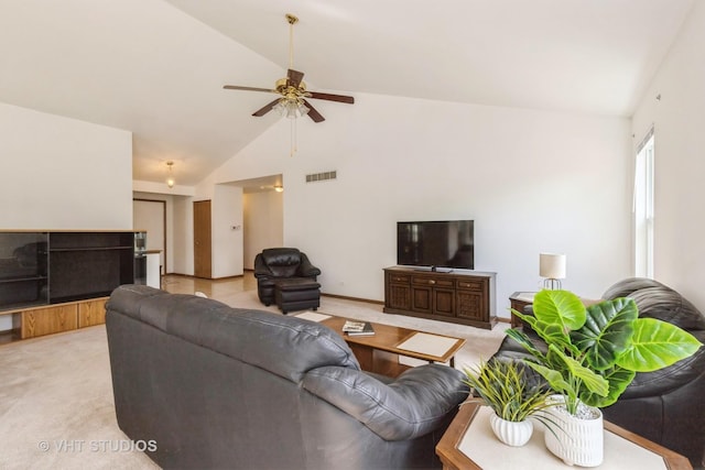7 N Brittany Ln, Hainesville, IL 60030 - living area featuring a ceiling fan, light colored carpet, and high vaulted ceiling
