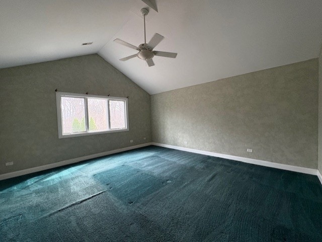 bonus room with ceiling fan, vaulted ceiling, baseboards, and carpet