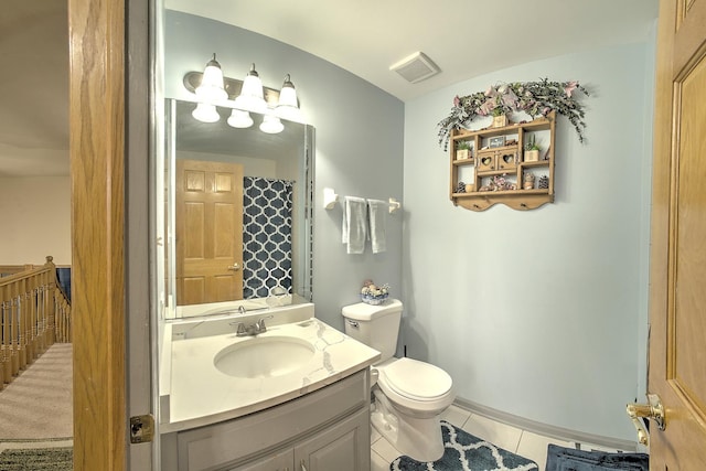 bathroom with tile patterned floors, vanity, toilet, and visible vents