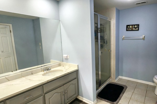 bathroom featuring tile patterned flooring, vanity, toilet, visible vents, and a stall shower