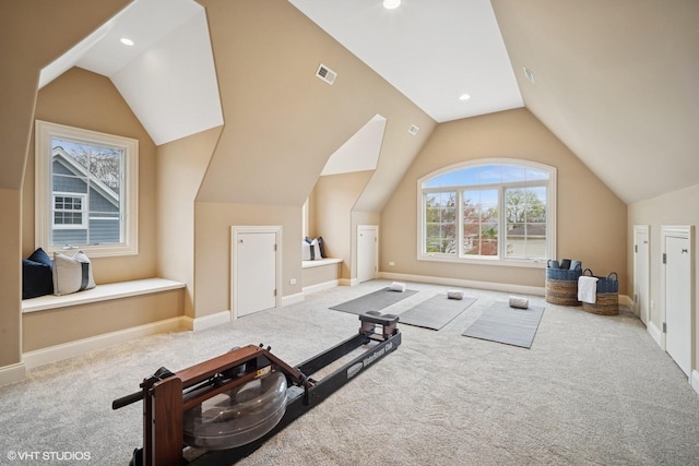 workout area with recessed lighting, vaulted ceiling, carpet, and visible vents