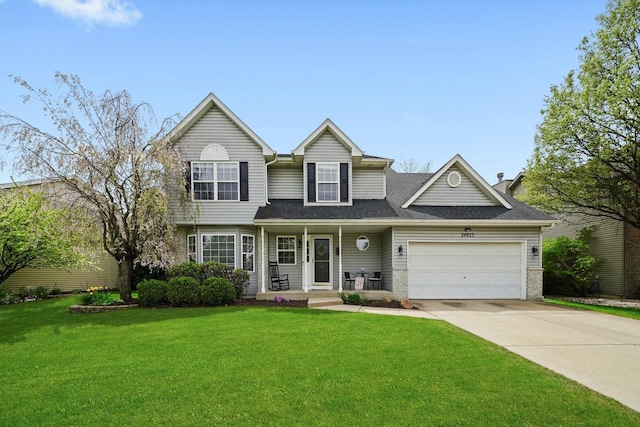traditional-style house with covered porch, driveway, roof with shingles, a front yard, and an attached garage
