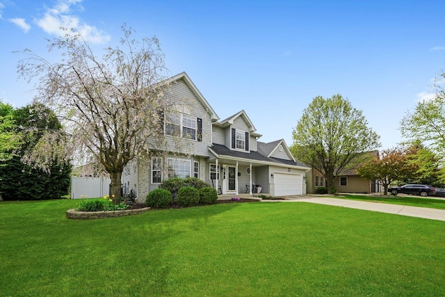 traditional-style home featuring a garage, concrete driveway, and a front lawn