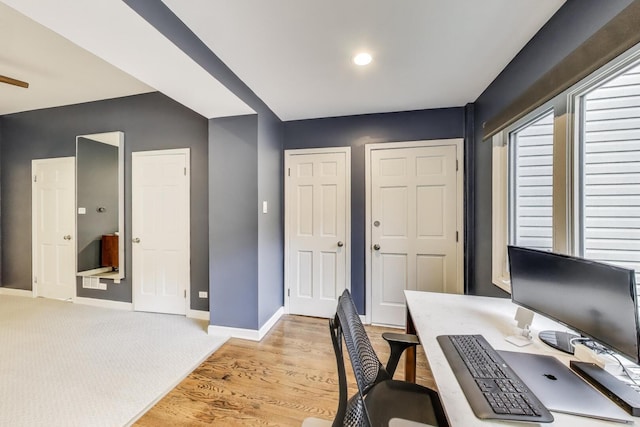 office with baseboards, recessed lighting, and light wood-style flooring