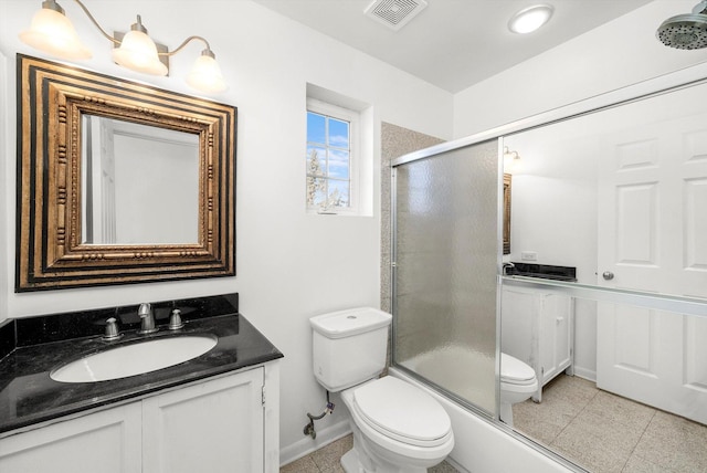 full bath with visible vents, an enclosed shower, vanity, tile patterned floors, and toilet