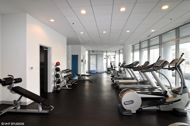 exercise room with recessed lighting