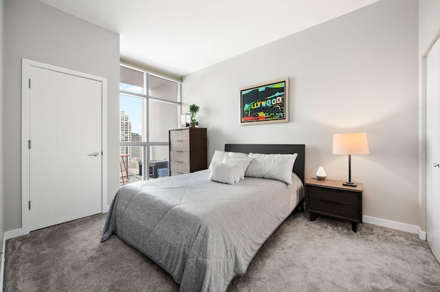 bedroom featuring carpet flooring, baseboards, and floor to ceiling windows