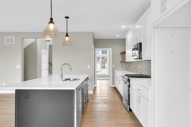 407 Sutton St, Savoy, IL 61874 - kitchen featuring stainless steel appliances, a sink, tasteful backsplash, an island with sink, and light wood-style flooring
