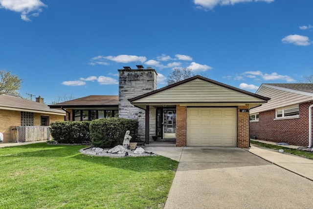 621 N Hamlin Ave, Park Ridge, IL 60068 - ranch-style house featuring a front lawn, a chimney, brick siding, concrete driveway, and an attached garage
