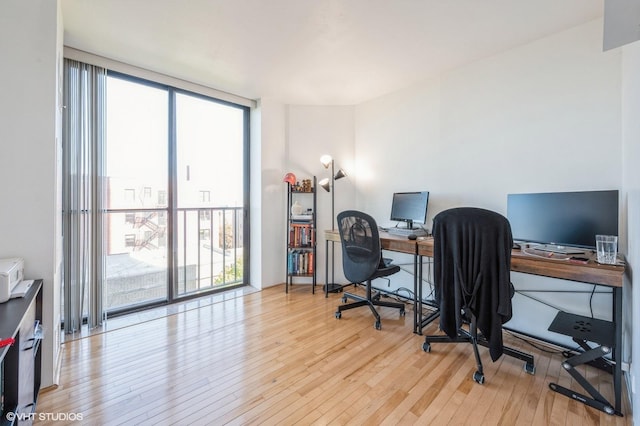 office area with light wood finished floors and floor to ceiling windows