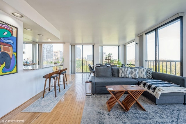 living room featuring wood-type flooring and recessed lighting