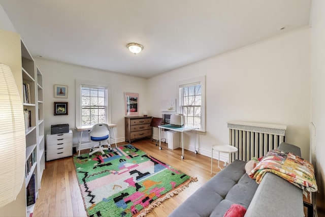 playroom with plenty of natural light, wood finished floors, and radiator