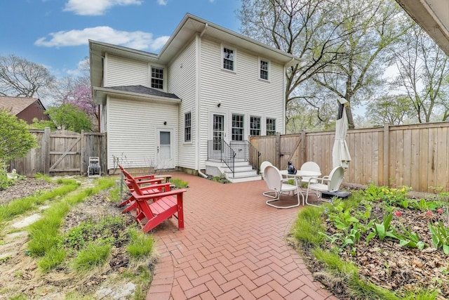 rear view of property with a gate, a patio area, and a fenced backyard