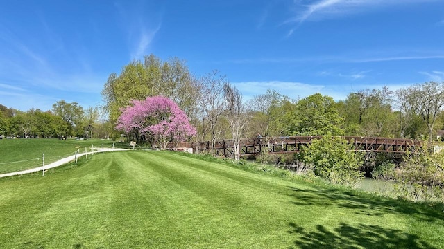 surrounding community with a lawn and view of wooded area