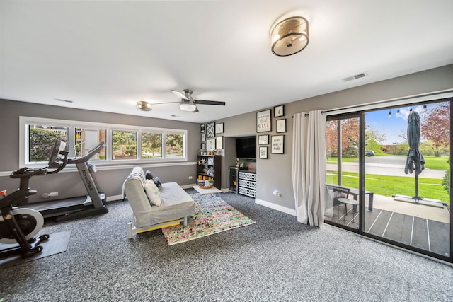 2305 Olde Mill Rd Unit 2305, Plainfield, IL 60586 - living area featuring visible vents, baseboards, ceiling fan, and a healthy amount of sunlight