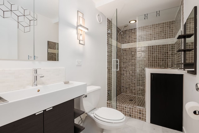 full bathroom with toilet, a stall shower, decorative backsplash, and vanity