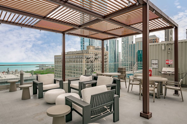 view of patio featuring a pergola, a water view, an outdoor living space, and outdoor dining space