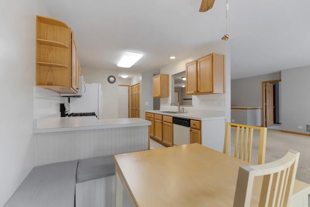 10569 Lansdale St, Huntley, IL 60142 - kitchen featuring white appliances, open shelves, light countertops, a peninsula, and light carpet