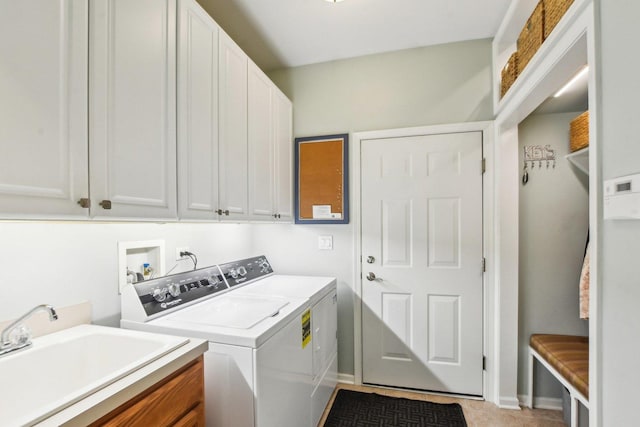 1565 Ashbury Pl, Lemont, IL 60439 - laundry room with independent washer and dryer, cabinet space, a sink, baseboards, and light tile patterned floors