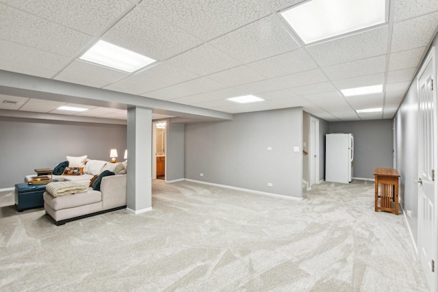 1565 Ashbury Pl, Lemont, IL 60439 - finished basement featuring light colored carpet, freestanding refrigerator, baseboards, and a drop ceiling