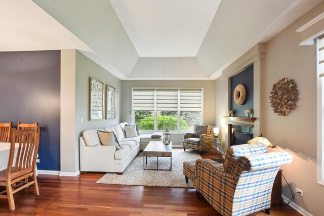 1565 Ashbury Pl, Lemont, IL 60439 - living room with baseboards, a fireplace, a tray ceiling, and wood finished floors