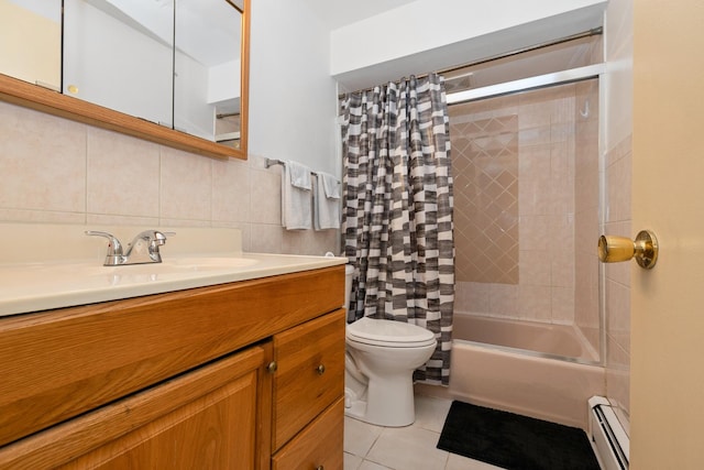 11123 S 84th Ave Unit 2B, Palos Hills, IL 60465 - bathroom featuring tile walls, tile patterned floors, a baseboard heating unit, toilet, and shower / bath combo with shower curtain